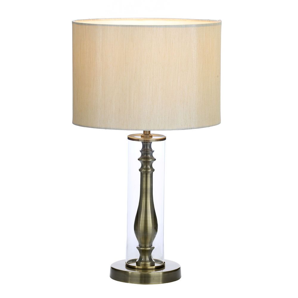 1 Light Traditional Style Table Lamp in a Glass Tube with Rustic Shade - Antique Brass