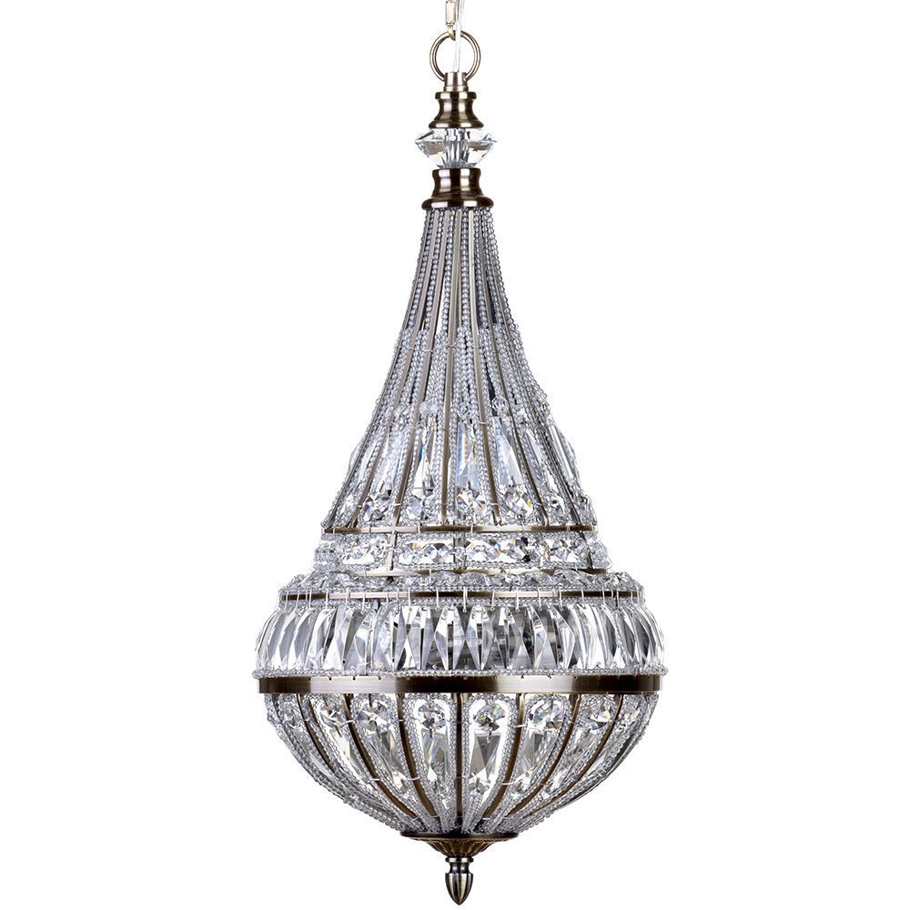 3 Light Ornate Crystal Droplet Tear Drop Ceiling Pendant - Antique Brass