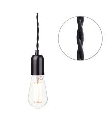 Decorative Black Braided Cable Kit with Nickel Fitting & 6 Watt LED Filament Teardrop Bulb - Clear
