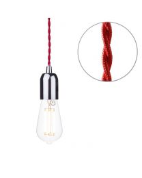 Decorative Red Braided Cable Kit with Nickel Fitting & 6 Watt LED Filament Teardrop Bulb - Clear