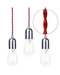 3 Pack of Red Braided Cable Kit with Clear 6 Watt LED Filament Teardrop Light Bulb - Nickel