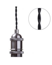 Industrial Style Braided Black Cable Ceiling Pendant with Pewter Fixtures - Pewter