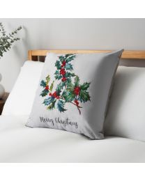 Christmas Holly Print Cushion, Natural on bed