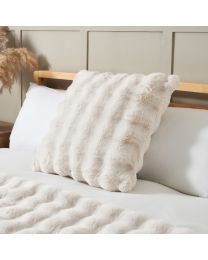 Scalloped Faux Fur Cushion, Cream on bed