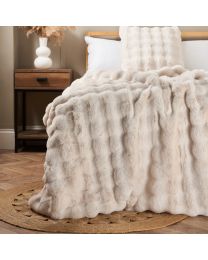 Scalloped Faux Fur Throw, Cream on bed